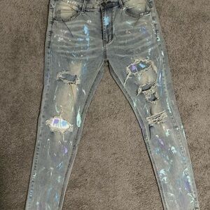 Distressed Paint-Splatter Grey Jeans